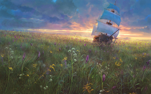 Boat flower field sunset mountain free wallpaper for desktop - medium preview image
