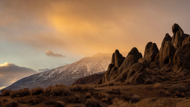 Snowy mountains clouds bushes dusk free wallpaper for desktop - medium preview image