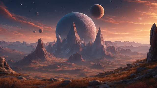 Mountains planets sunset landscape stars free wallpaper for desktop - medium preview image