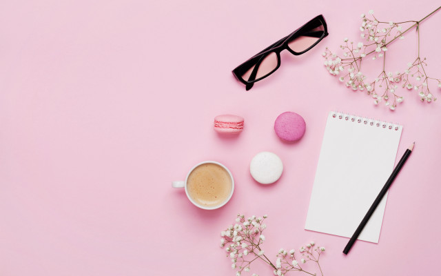 Pink background notepad coffee glasses free wallpaper for desktop - medium preview image