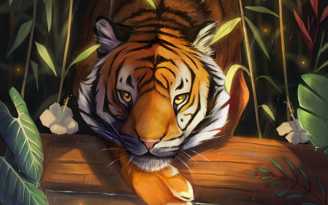 Tiger jungle laying smiling digital free wallpaper for desktop - medium preview image