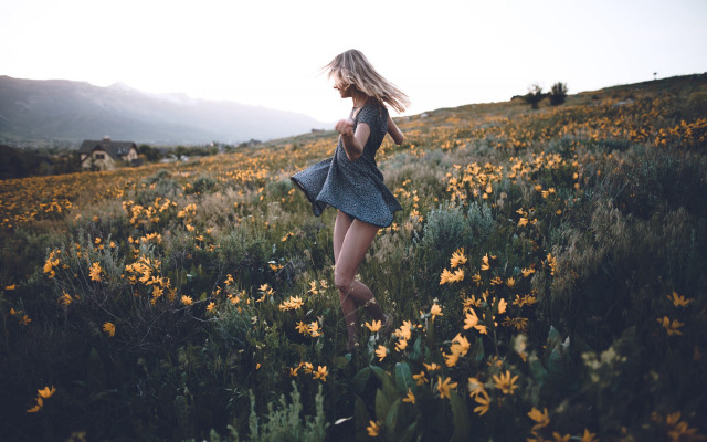 Woman flower field cow distant free wallpaper for desktop - medium preview image