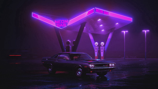 Car gasstation neonlights retrofuturism cyberpunk free wallpaper for desktop - medium preview image
