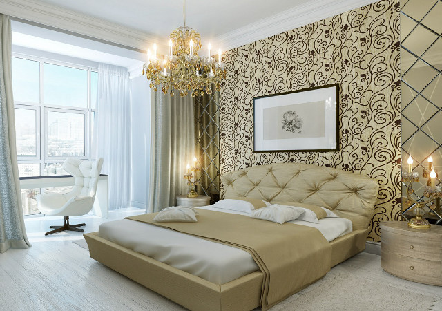 Bedroom large bed chandelier ceiling free wallpaper for desktop - medium preview image