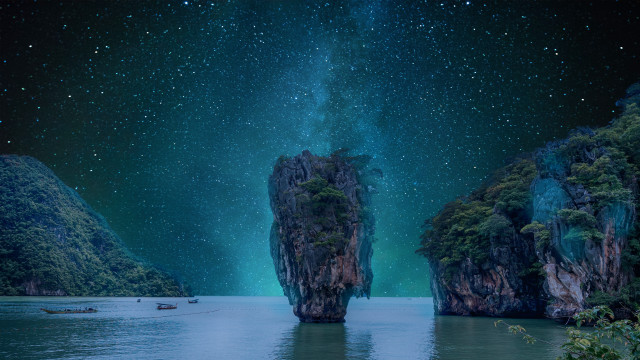 Water mountain boat stars space free wallpaper for desktop - medium preview image