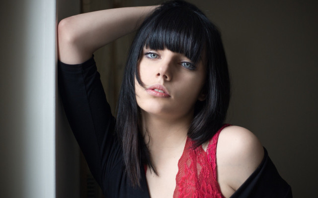 Woman bangs black shirt red free wallpaper for desktop - medium preview image