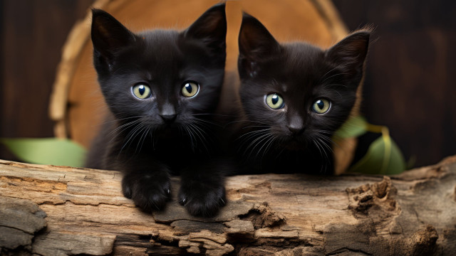 Two black kittens sitting log free wallpaper for desktop - medium preview image