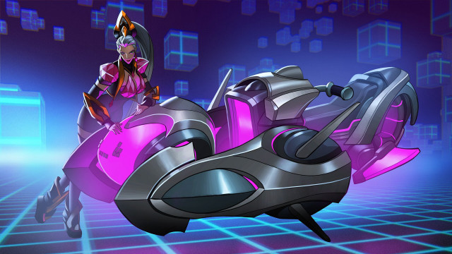 Futuristic woman motorcycle city neon free wallpaper for desktop - medium preview image