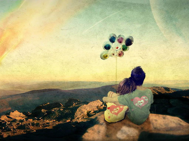 Woman rock balloons sky rainbow free wallpaper for desktop - medium preview image