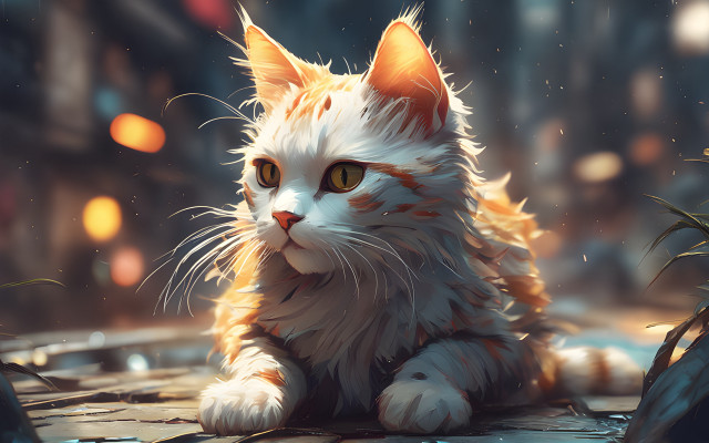 White cat rainy street corner free wallpaper for desktop - medium preview image