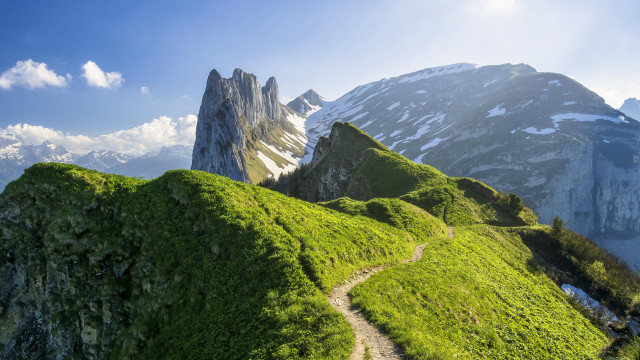 Grassy hill path mountain snow free wallpaper for desktop - medium preview image