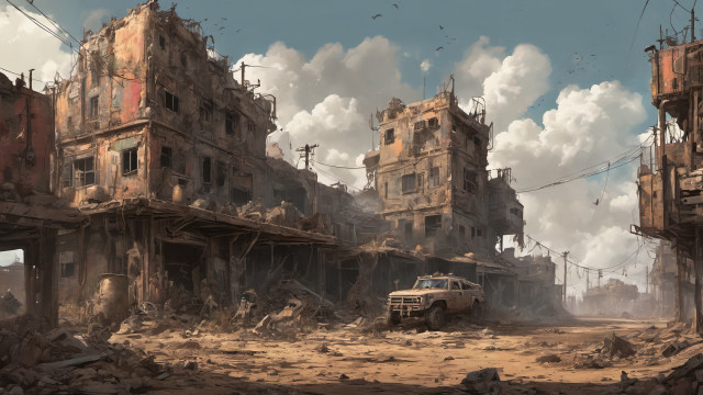 Destroyed city truck background postapocalyptic free wallpaper for desktop - medium preview image