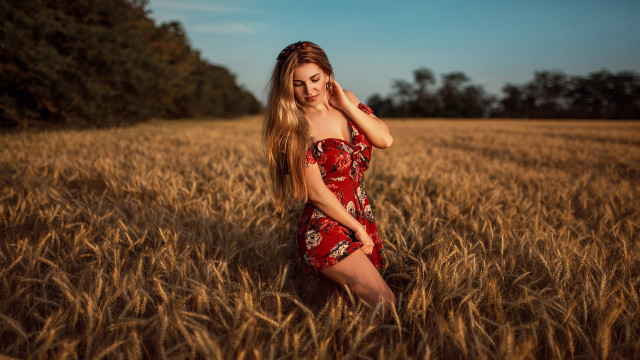 Woman red dress wheat field #4 free wallpaper for desktop - medium preview image