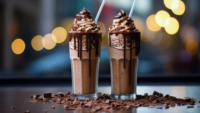 Chocolate milkshake glasses bokeh lights free wallpaper for desktop - medium preview image