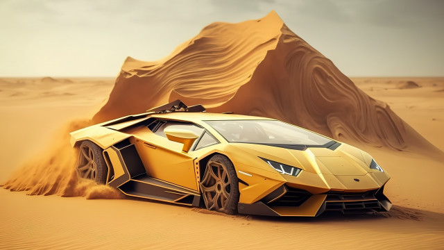 Yellow car desert mountain sky free wallpaper for desktop - medium preview image