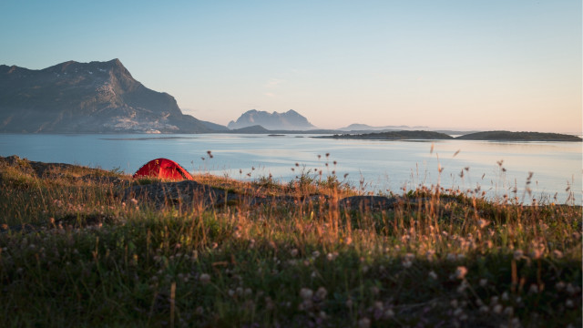 Red tent grassy hill lake free wallpaper for desktop - medium preview image