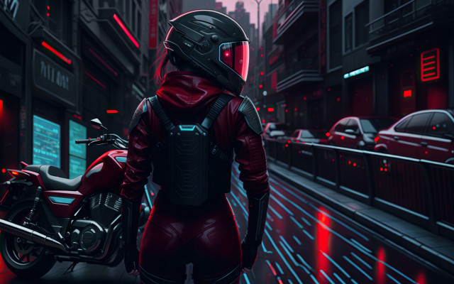 Red outfit helmet motorcycle cyberpunk free wallpaper for desktop - medium preview image