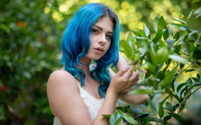 Blue hair branch garden portrait free wallpaper for desktop - medium preview image