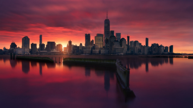 City skyline red sky water #2 free wallpaper for desktop - medium preview image