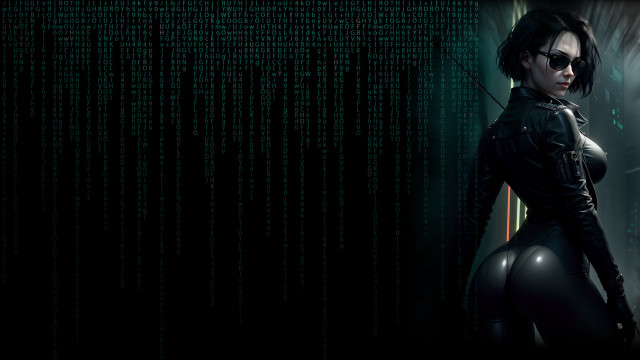 Woman black leather cyberpunk wall free wallpaper for desktop - medium preview image