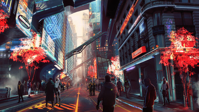 Futuristic city street neon autumn free wallpaper for desktop - medium preview image