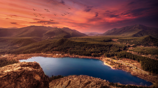 Sunset mountain lake birds range free wallpaper for desktop - medium preview image