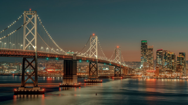 Bridge cityscape night lights water free wallpaper for desktop - medium preview image