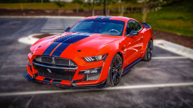 Red mustang blue stripes parking #2 free wallpaper for desktop - medium preview image