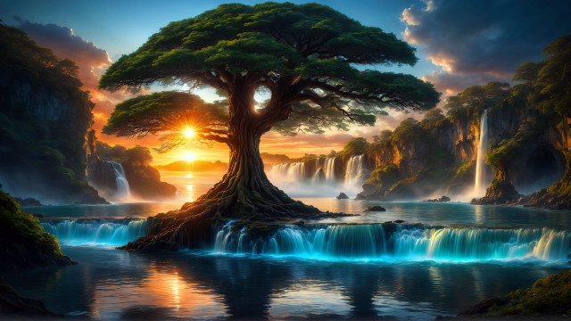 Tree river waterfalls sunset fantasy free wallpaper for desktop - medium preview image