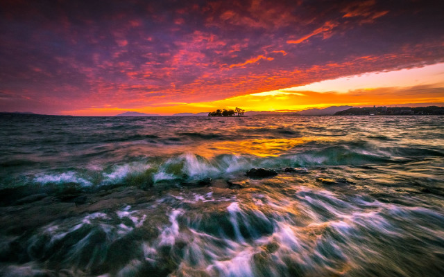 Sunset ocean boat mountains shore free wallpaper for desktop - medium preview image