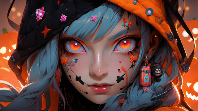 Halloween girl cyberpunk bluehair orangeeyes free wallpaper for desktop - medium preview image