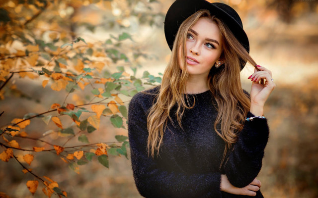 Woman black hat sweater autumn free wallpaper for desktop - medium preview image