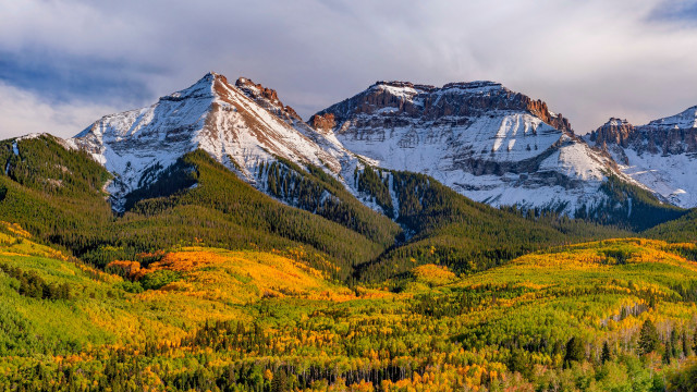 Mountain range snowy trees autumn free wallpaper for desktop - medium preview image