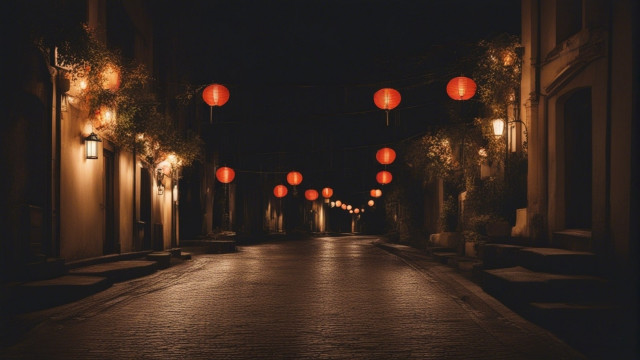 Night street lanterns kimono moon free wallpaper for desktop - medium preview image