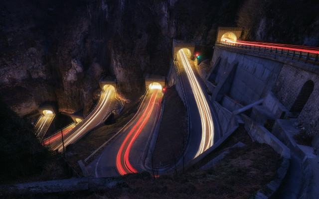 Highway light streaks mountain night free wallpaper for desktop - medium preview image