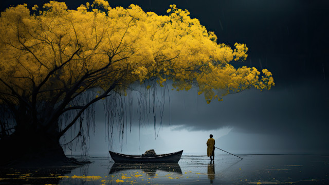 Autumn boat man bare tree free wallpaper for desktop - medium preview image
