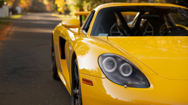 Yellow sports car street trees free wallpaper for desktop - medium preview image