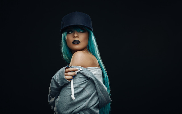 Green hair baseball cap portrait free wallpaper for desktop - medium preview image