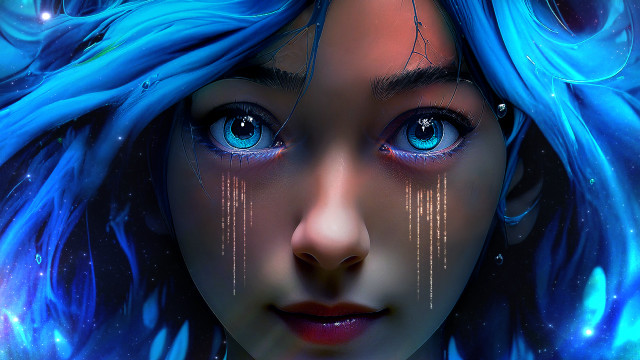 Blue hair stars forehead cyberpunk free wallpaper for desktop - medium preview image
