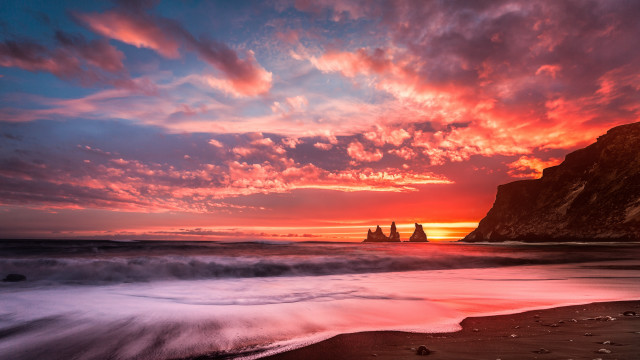 Sunset beach waves cliff rock free wallpaper for desktop - medium preview image