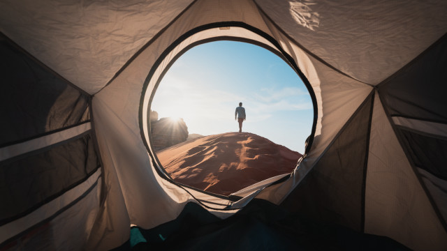 Desert tent man sunshine cinematic free wallpaper for desktop - medium preview image