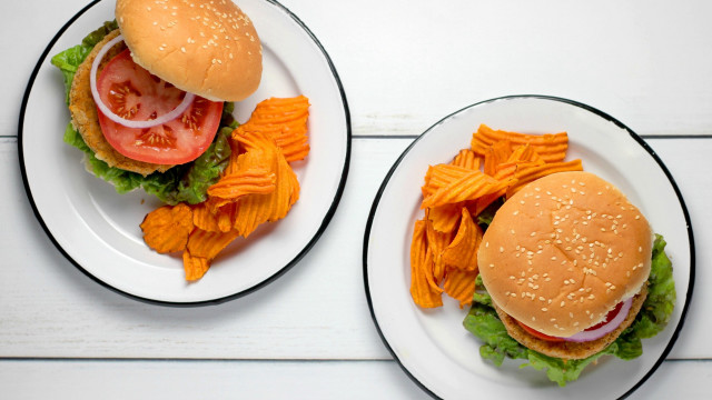 Two plates hamburgers chips white free wallpaper for desktop - medium preview image