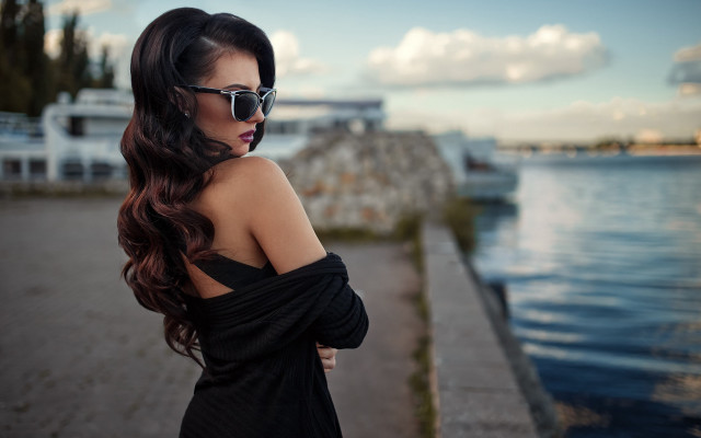 Woman sunglasses longhair water boat free wallpaper for desktop - medium preview image