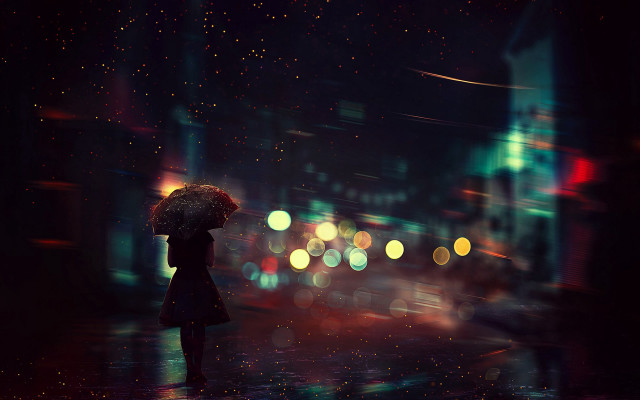 Rainy night umbrella cityscape cinematic free wallpaper for desktop - medium preview image