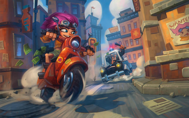 Cartoon character motorcycle city street free wallpaper for desktop - medium preview image