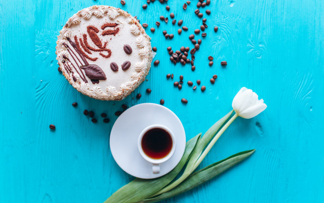 Coffee cake blue table flowers free wallpaper for desktop - medium preview image