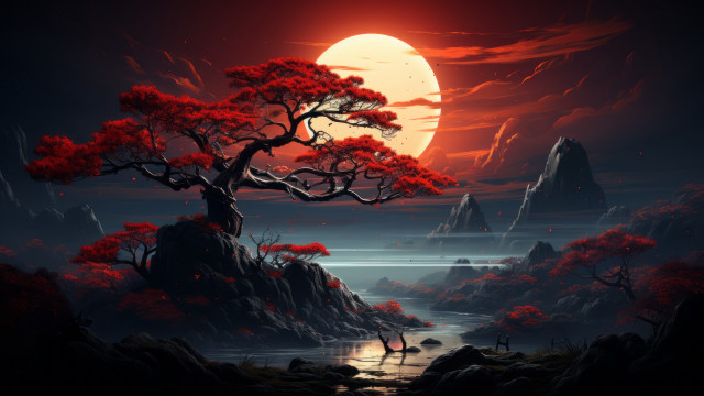 Moon fire red sky tree free wallpaper for desktop - medium preview image