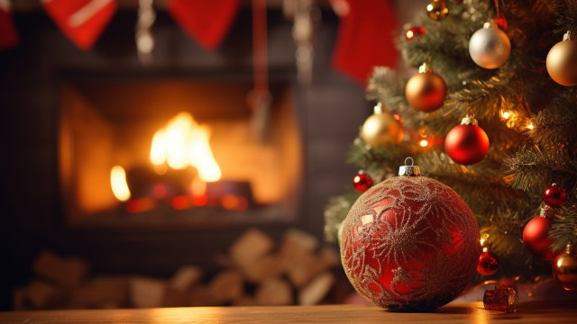 Christmas tree red ball fireplace free wallpaper for desktop - medium preview image