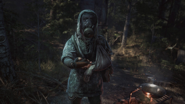 Gas mask man campfire forest free wallpaper for desktop - medium preview image