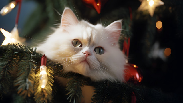 White cat christmas tree lights free wallpaper for desktop - medium preview image
